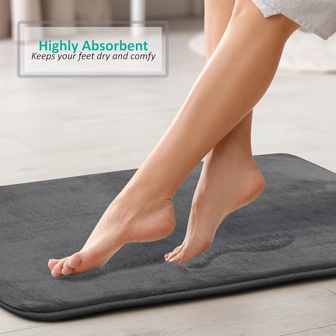 Clara Clark 2 Piece Bathroom Rugs, Velvet Memory Foam Bath Mat Set, Non-Slip Bath Rugs, Machine Wash, Dries Quickly, Ultra Soft Plush Bath Mats for Bathroom, 20 x 32 + Contour, Dark Grey
