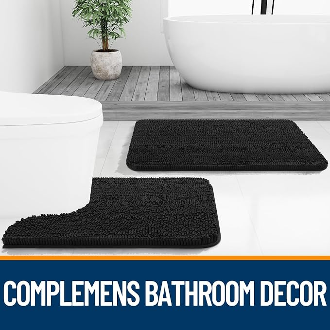 OLANLY Chenille Bathroom Rugs Mats Sets 2 Piece, 47"x20"+24"x20", Black | Soft Absorbent Bath Mat and U-Shaped Contour Toilet Rug Set, Quick Dry, Machine Washable Bath Carpet, Home Decor Accessories