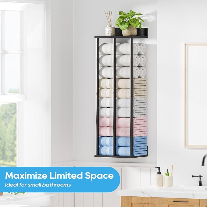 Towel Racks for Bathroom Wall Mounted with Wooden Storage Shelf | Updated 3 Bar Metal Towel Holder for Rolled Towels, Black Sturdy and Large Capacity, Towel Storage Organizer