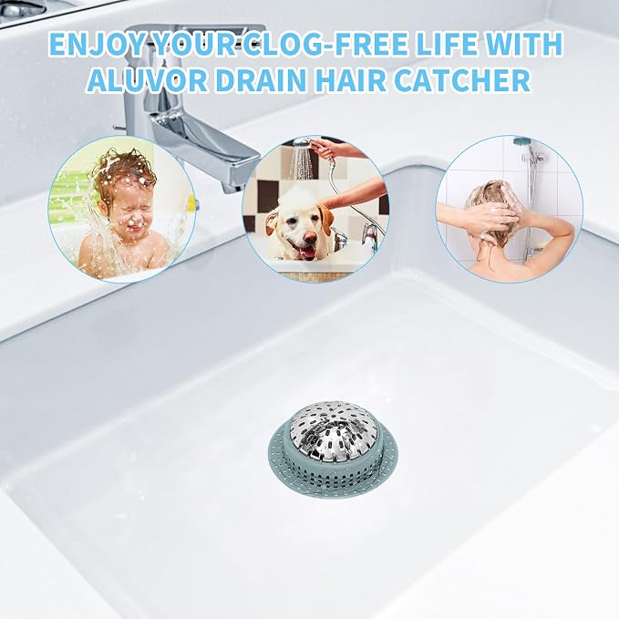 Aluvor Bathtub Drain Hair Catcher Shower Drain Cover Sink Drain Protector | Bathroom Sink & Bathtub Drain Strainer for Pop-Up & Regular Drains, Greyish Blue
