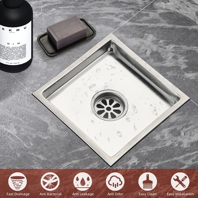 6 Inch Square Shower Drain with Removable Square Grille, Brushed 304 Stainless Steel, PVC Shower Drain Base, Includes Hair Strainer for Kitchen, Bathroom, Garage
