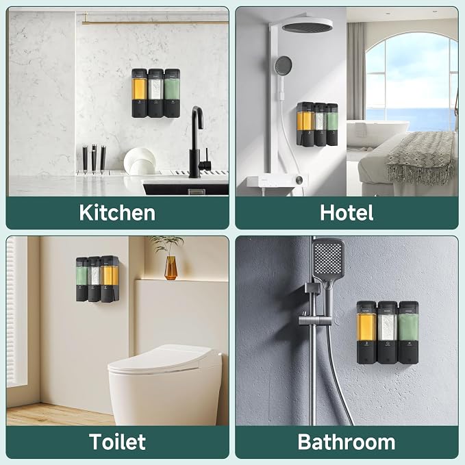 Shampoo and Conditioner Dispenser 3 Chamber 17oz No Drill Shower Soap Dispenser Wall Mounted Shampoo Conditioner Body Wash Refillable Bathroom Shower Dispenser (Black+Smoke Gray 3 Chamber)