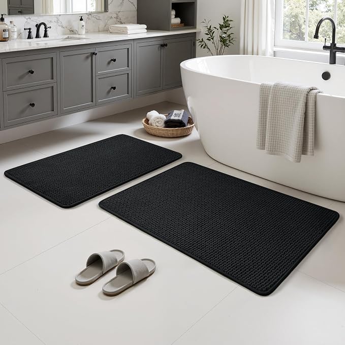 HOMEIDEAS Bathroom Rugs Set 2 Piece Thin Non Slip, Black 17"x24"+20"x32" | Quick Dry Absorbence Bath Mats, Soft Chenille, Low Profile Fits Under Doors, Ideal for Bathtub, Shower, Elderly and Pets