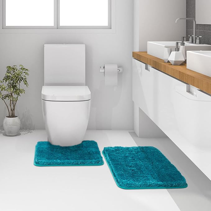 MIULEE Teal Bathroom Rugs Set 2 Piece Soft Bath Mats 20x24+20x30 Inch | Absorbent Microfiber Bath Mat and U-Shaped Toilet Rug, Non Slip, Quick Dry, for Bathroom Floor Tub Showers, Machine Washable