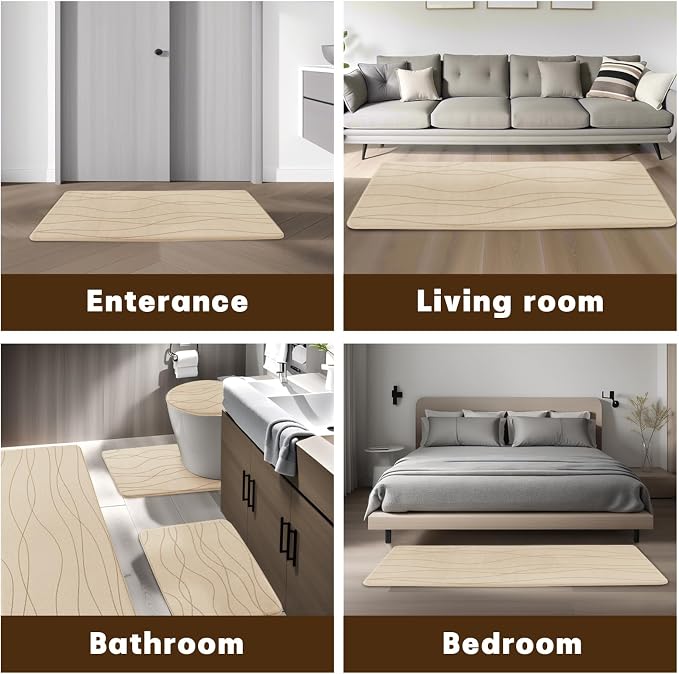 Bathroom Rugs Set 3 Piece, Memory Foam Bath Mat Khaki | Ultra Soft, Absorbent, Non-Slip, Machine Washable, for Bathroom, Sink and Toilet