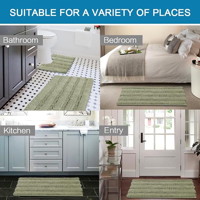 H.VERSAILTEX Bathroom Rug Sets 2 Piece Bath Mats Non Slip Thick Soft Chenille Striped Bath Rug achine Washable Shower Floor Rugs for Tub, Shower and Floor (Eucalyptus Green, 36"x24" Plus 20"x24" U)