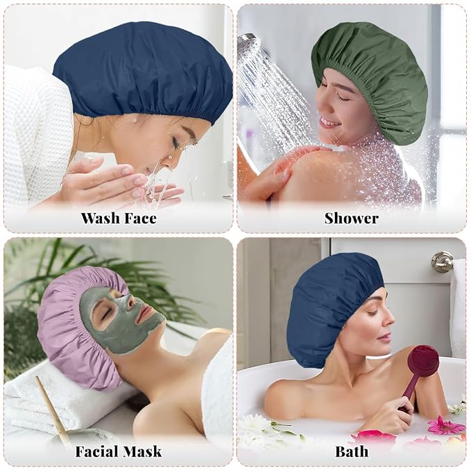 3 Pack Shower Cap for Women Reusable Waterproof, Bath Cap for Long Hair, Comfortable Shower Hat for Home and Travel