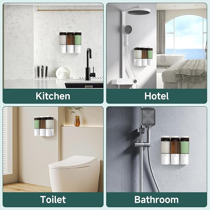 Shampoo and Conditioner Dispenser 3 Chamber 17oz No Drill Shower Soap Dispenser Wall Mounted Shampoo Conditioner Body Wash Refillable Bathroom Shower Dispenser (White+Smoke Gray 3 Chamber)