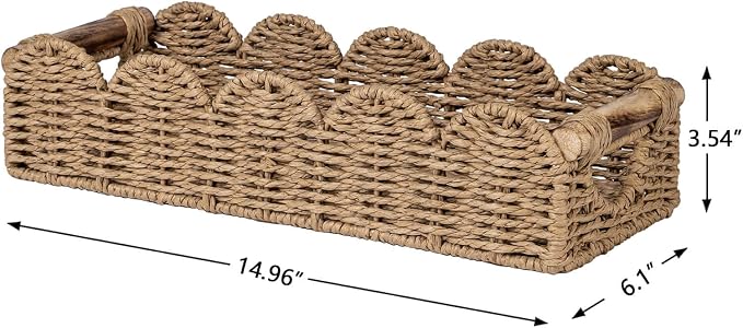 CubesLand Bathroom Basket Organizer w/Cut Out Handle, Back of Toilet Paper Storage Baskets Tray for Bathroom Countertop Decorative, Scalloped Wicker Basket Also for Home Decor, Living Room, Neutral