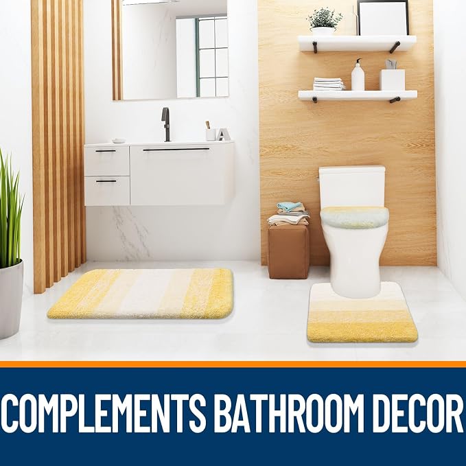 OLANLY Bathroom Rugs Sets 3 piece, Soft Microfiber Absorbent Bath Mat, U-Shaped Contour Toilet Mat and Toilet Lid Cover, Quick Dry, Machine Washable, Toilet Cover and Rug Set for Bathroom, Yellow