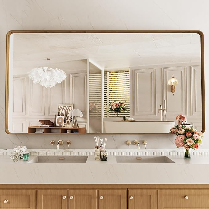 LOAAO 72X32 Inch Bathroom Mirror with Wood Grain Colored Metal Frame | Rounded Rectangle Metal Framed, Anti-Rust, Hangs Horizontally or Vertically, Tempered Glass