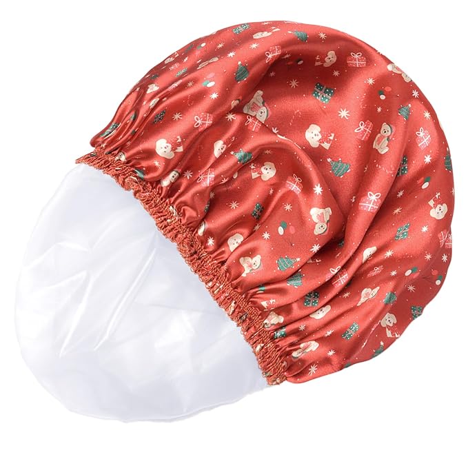Shower Caps for Women, 4 PCS Reusable Waterproof Bath Cap | Double Layer, Washable, Wide Elastic Band, Holds Long Hair, Caps for Bath Accessories, Spa, Travel Home - Chrismas Pattern