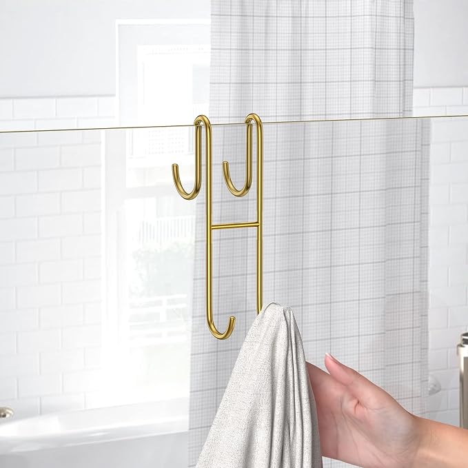 Over Shower Glass Door Hook, 2 Pack Gold Stainless Steel Extended Shower Door Hooks, Bathroom Frameless Drilling-Free Hanger, Double Side Towel Hooks