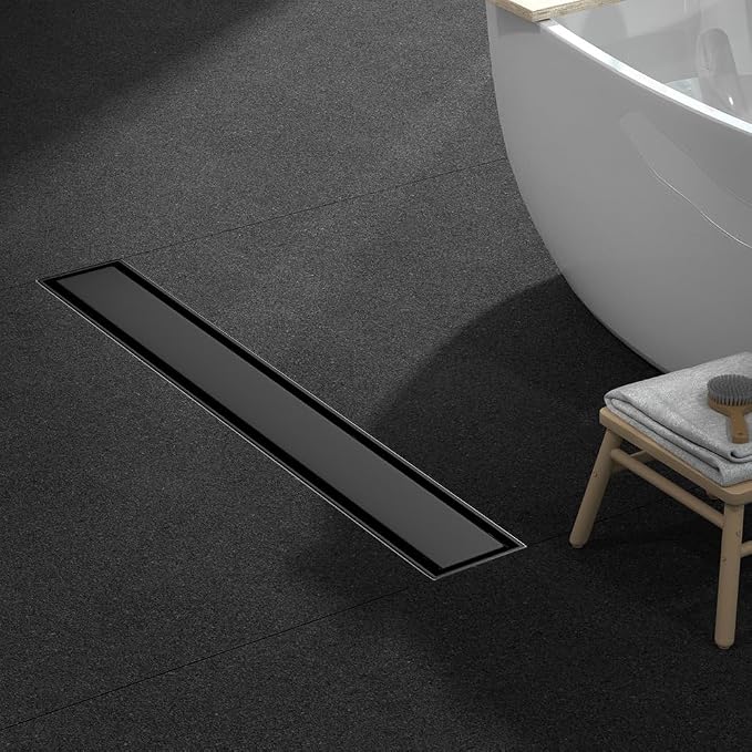 Linear Shower Drain 60 Inch Black, Shower Drain with 2-in-1 Tile Insert Panel, Brushed AISI 304 Stainless Steel Linear Drain for Fast Drainage, Floor Drain for Bathroom, Kitchen, Garage & More