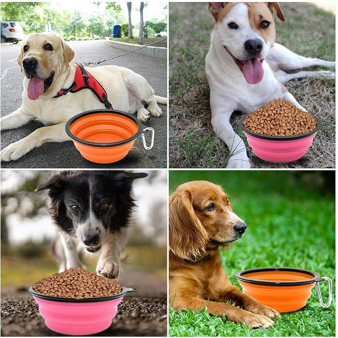 Dog Bowl Pet Collapsible Bowls, 2 Pack Collapsible Dog Water Bowls for Cats Dogs, Portable Pet Feeding Watering Dish for Walking Parking Traveling with 2 Carabiners (Large, Orange+Pink)