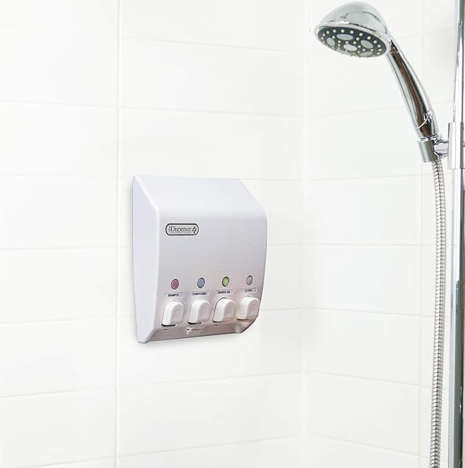 Better Living Classic Wall Mount Shower Dispenser, 4 x 14.5 oz, White | 4 Chamber, Shampoo, Conditioner, Body Wash and Soap Dispenser, No Drill Adhesive, 9.5" x 3" x 10.75"