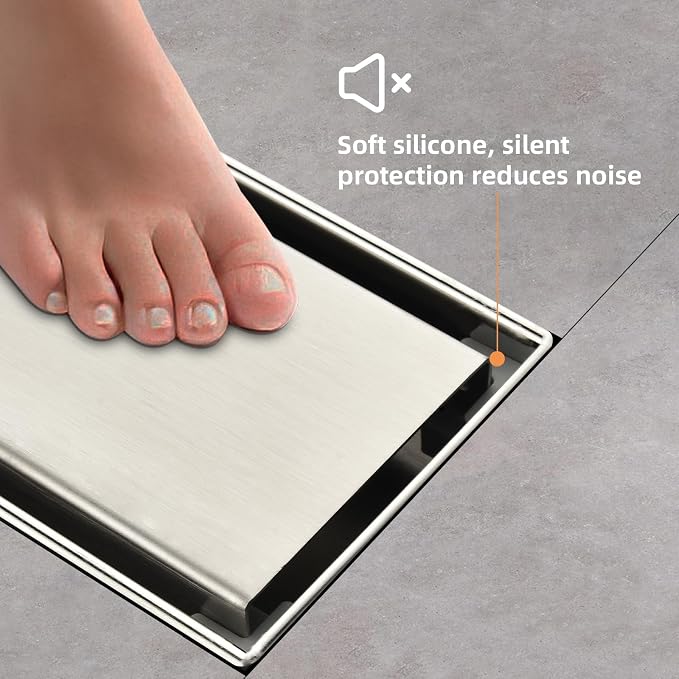 Linear Shower Drain ,36 Inch Brushed 304 Stainless Steel Rectangle Shower Floor Drain,with Reversable Tile-inPattern Drain Cover & Hair Catcher, Adjustable Feet