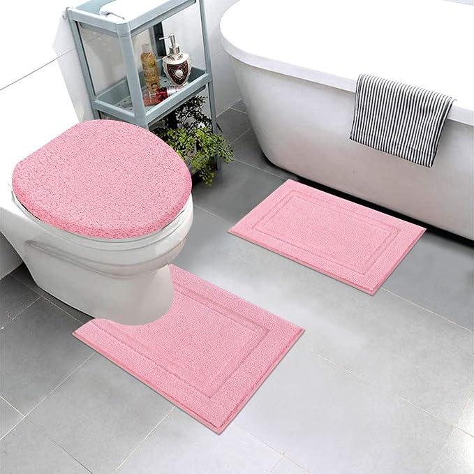 SHACOS 3 Pieces Bath Rugs Set with Toilet Lid Cover Soft Absorbent | Bath Mats U Shape Contour Rug Toilet Cover Absorbent Non Slip Machine Washable Plush Bathroom Rug (Pink)