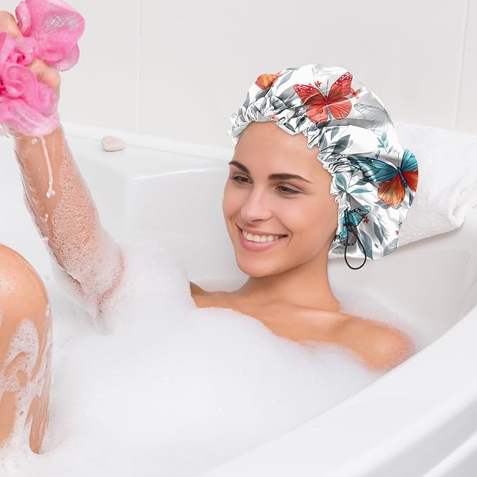 2 PCS Shower Cap Waterproof Double Layer Elastic Adjustable Reusable Hair Bath Caps for Girls Women Cute Aesthetic-Butterfly Flowers