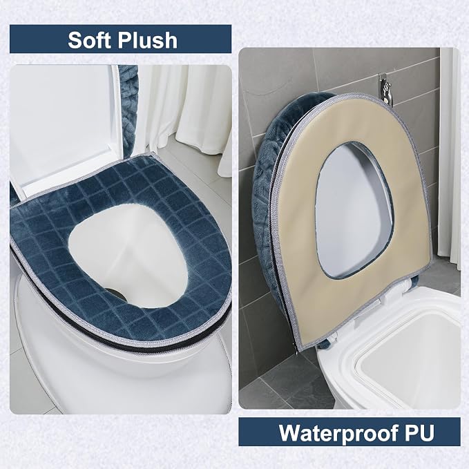 Toilet Seat Cover and Toilet Lid Cover Set, Soft Toilet Seat Cushion with Zipper Adjustable Rubber Backing Toilet Seat Warmer Bathroom Decor and Accessories, Blue Gray