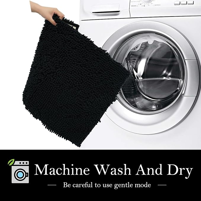 Bathroom Rugs Chenille Bath mat 3 Piece Set, Super Absorbent, Strong PVC Non Slip Backing, Bath mats for Bathroom, Plush Shaggy, Thick, Machine Washable, Bathtub, Shower, Toilet, Black