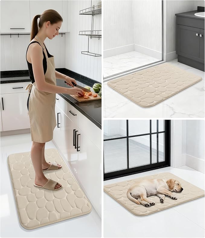 YIHOUSE Memory Foam Bath Mat Cobblestone Bathroom Rugs Super Water Absorbent Bath Mats for Bathroom Machine Washable Bath Rugs(24 x 36,Khaki)