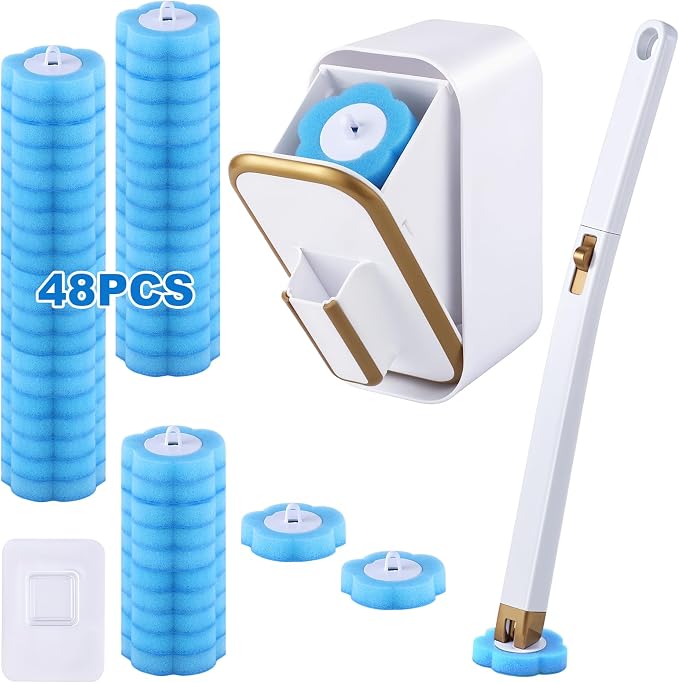 wlich Disposable Toilet Brush Set With 48 Refills, Wall-Mount Holder | Flexible Scrubbing Head, Hygienic Toilet Cleaning, Wall-Mounted Storage for Homes, Apartments, Dorms, Offices, Hotels