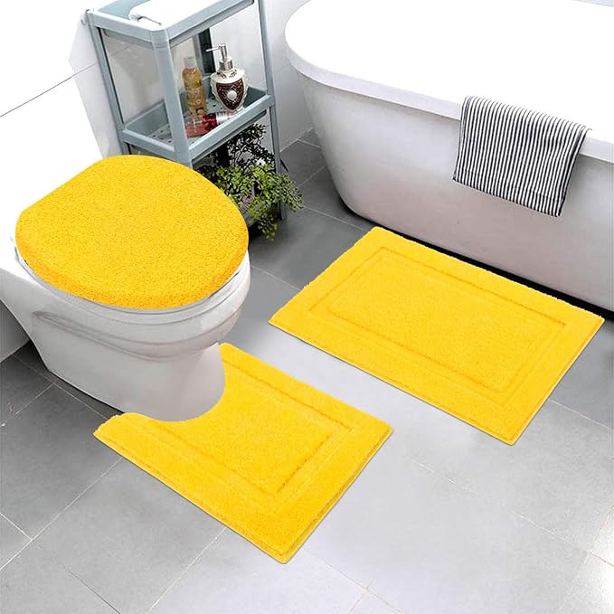 SHACOS Bathroom Rugs Set with Toilet Lid Cover | 20"x32" Bath Mats 19"x21" Toilet Lid Cover 20"x24" U Shape Contour Mat Extra Soft Absorbent Non Slip Bathroom Carpet (Yellow)