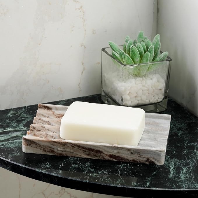 Karibiber Soap Holder, Marble Soap Dish for Shower, Bar Soaps Holder with Water Ripple Design, Easy Cleaning Soaps Saver for Kitchen Sink,Bathroom, Executive Indian Natural Stone Soap Tray