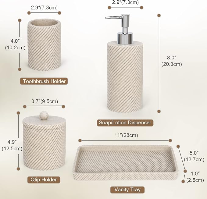 Beige Bathroom Accessories Set 4 Pcs - Toothbrush Holder,Lotion Soap Dispenser,Qtip Holder Dispenser,Vanity Tray for Countertop Vanity Organizer,Bathroom Accessory Set