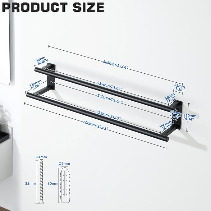 Alise Double Towel Bars for Bathroom,Wall Mount Towel Holder Towel Racks for Bathroom Lavatory,SUS304 Stainless Steel Towel Hanger Towel Rails,Matte Black,24 inch