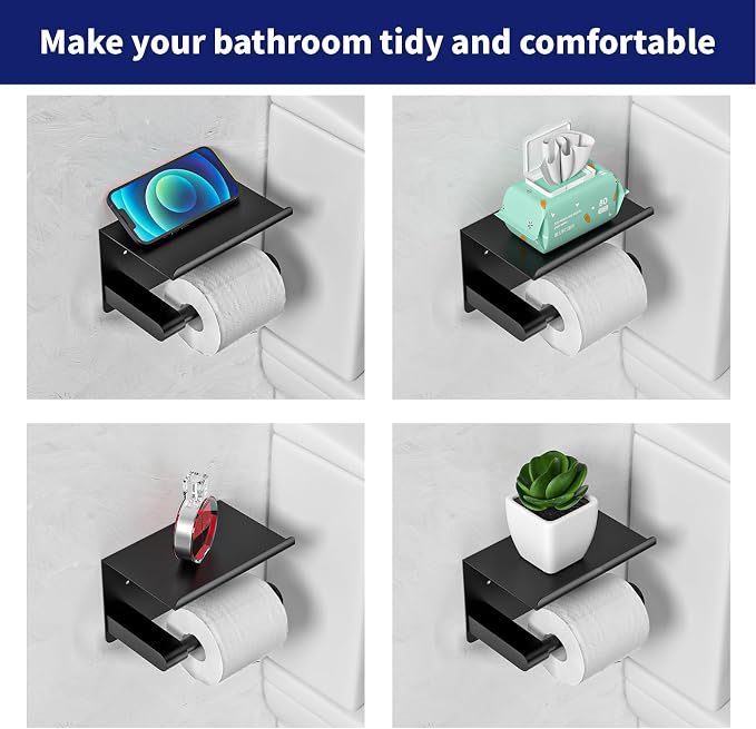 GLNLQ Matte Black Toilet Paper Holder with Shelf, Fits Mega Rolls Size | Adhesive or Screw-in, Waterproof and Rustproof Stainless Steel, Wall Mount Design, Modern Stylish Design, for Bathroom, RV
