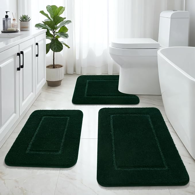 LOCHAS Bathroom Rug Set, Bath Rugs Sets 3 Piece Non Slip, Hunter Green | Washable Absorbent Microfiber Bath Mat Set, Soft Cozy Bathroom Mat for Shower Sink Toilet