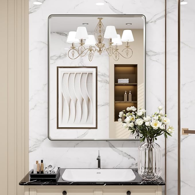 LOAAO 28X36 Inch Brushed Nickel Bathroom Mirror | Rounded Rectangle, Silver Metal Frame, Anti-Rust, Shatter Proof, Hangs Horizontally or Vertically