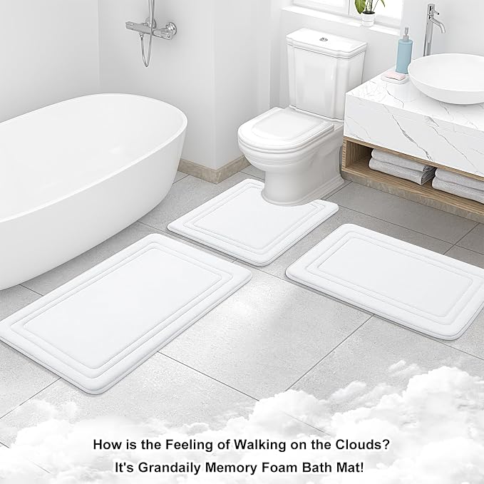 Grandaily Memory Foam Bath Mat Rug 30x20, Ultra Soft, Non-Slip and Absorbent Bathroom Rugs, Machine Wash Dry, Comfortable Bath Carpet for Bathroom Floor, Tub and Shower, White
