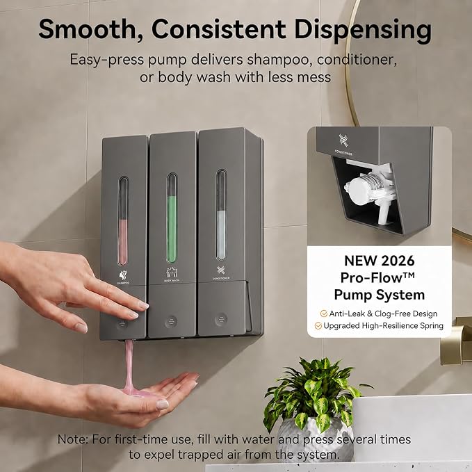 Shampoo and Conditioner Dispenser - Wall-Mounted 3-Chamber Shower Soap Dispenser, No-Drill, 1200ML Capacity, for Bathroom & Hotel