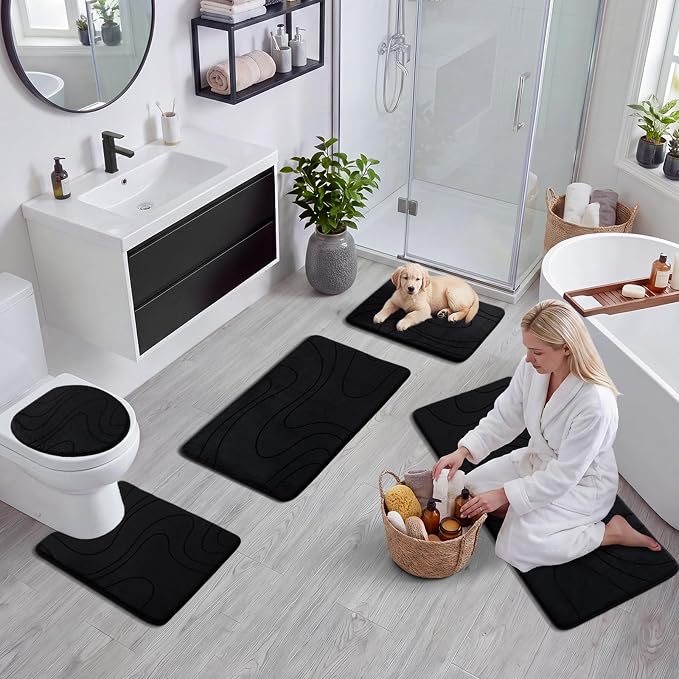 YIHOUSE Bathroom Rugs Sets 3 Piece - Thick Memory Foam Bath Mat, Black | Ultra Soft, Extra Thick, Super Absorbent, Non Slip, Machine Washable, For Bathroom Floor & Tub, 3 Pieces