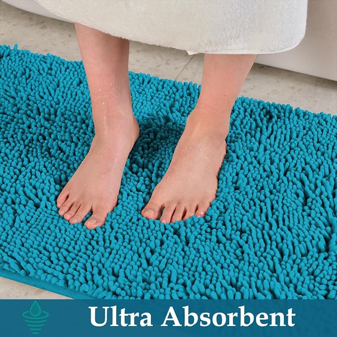 Teal Blue Bathroom Rugs Set 2 Piece Bath Rugs Washable Bath Mats for Bathrooms, Thick Soft Chenille Bathtub Mat, Ultra Absorbent Bath Carpet, Shaggy Floor Mat