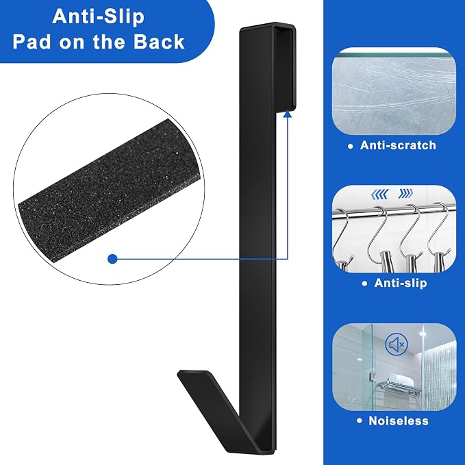 Shower Door Hooks 10 in, Shower Hooks for Towels, Heavy Duty Drilling-Free Extended Towel Hooks for Bathroom Frameless Glass Door, Over the Door Towel Hooks 3 Packs Black