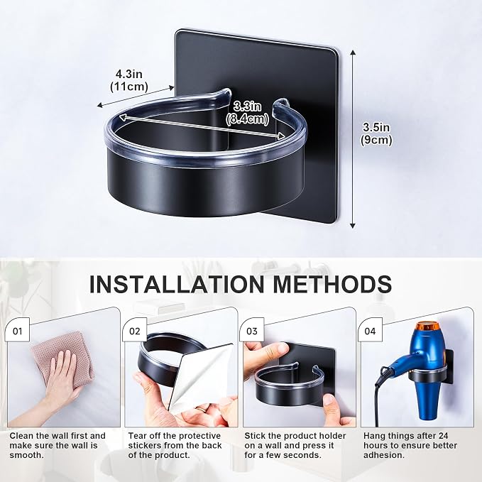 Hair Dryer Holder Wall Mount, Blow Dryer Holder Wall, Adhesive Hair Dryer Hanger, Blow Dryer Organizer, Hair Tools Organizer for Bathroom Salon Barber Shop Hotel (Black)