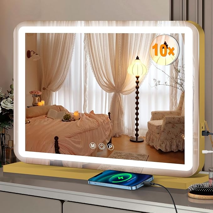 Ratsamee 23"x18" Gold Vanity Mirror with Lights, Led Makeup Mirror, Lighted Makeup Mirror with 3 Color Dimmable Lights, Smart Touch Screen Control, Aluminum Metal Frame,USB Charging Port