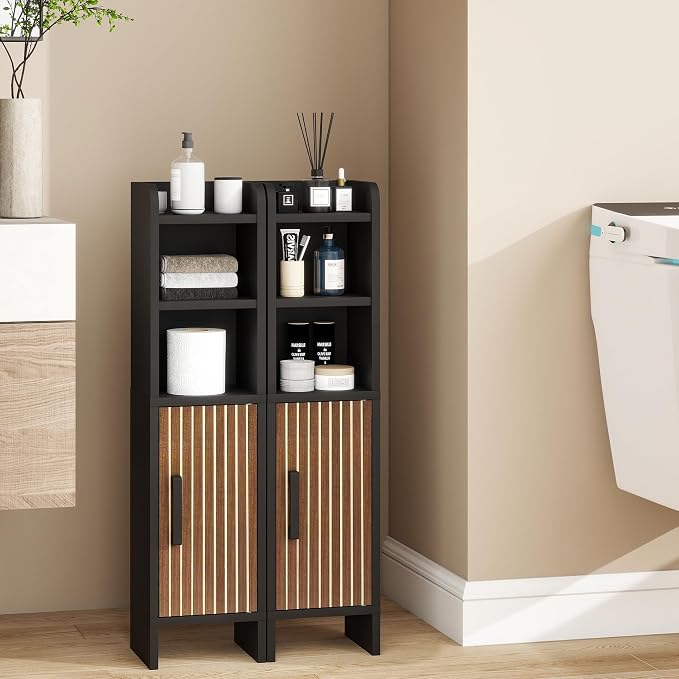 Small Bathroom Storage Corner Floor Cabinet Narrow Toilet Paper Cabinet with Adjustable Shelves Wooden Slim Bathroom Organizers and Storage with Fluted Door for Small Spaces, Black
