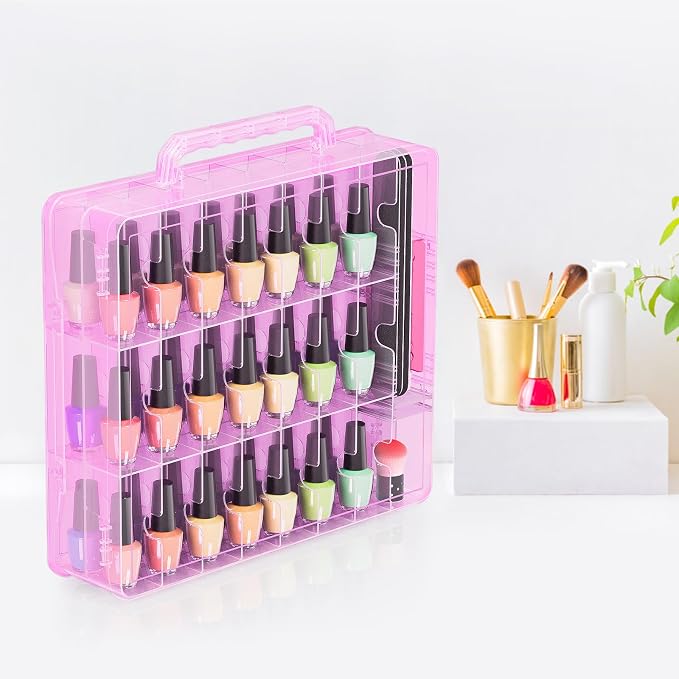 Beloving Nail Polish Organizer Pack of 2, Portable 48 Bottles Clear Nail Polish Holder with Adjustable Divider, Gel Nail Polish Storage Double Side Nail Polish Organizer Case for Nail Tech Pink
