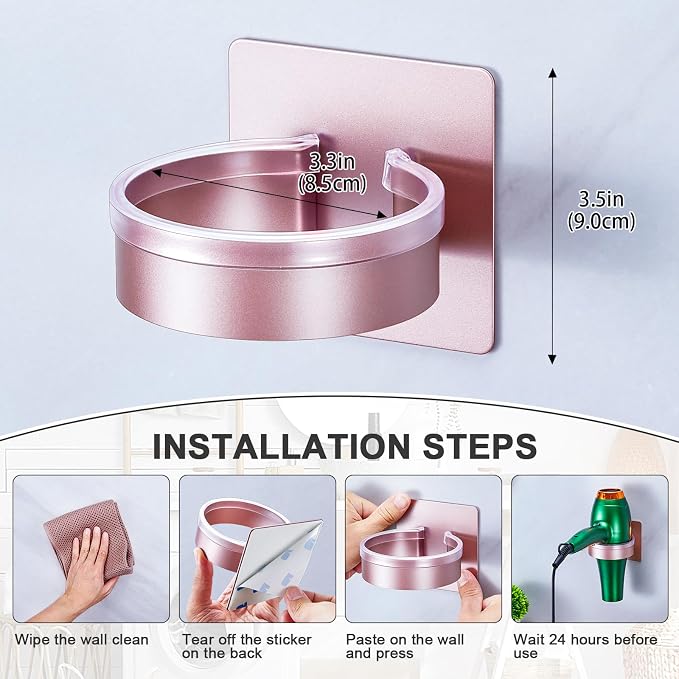 Blow Dryer Holder Wall Mounted, hairdryer holder for bathroom, Blow Dryer Organizer, hair tool organizer wall mount, Adhesive Hair Dryer Storage for Bathroom Barber Shop (Rose Gold)