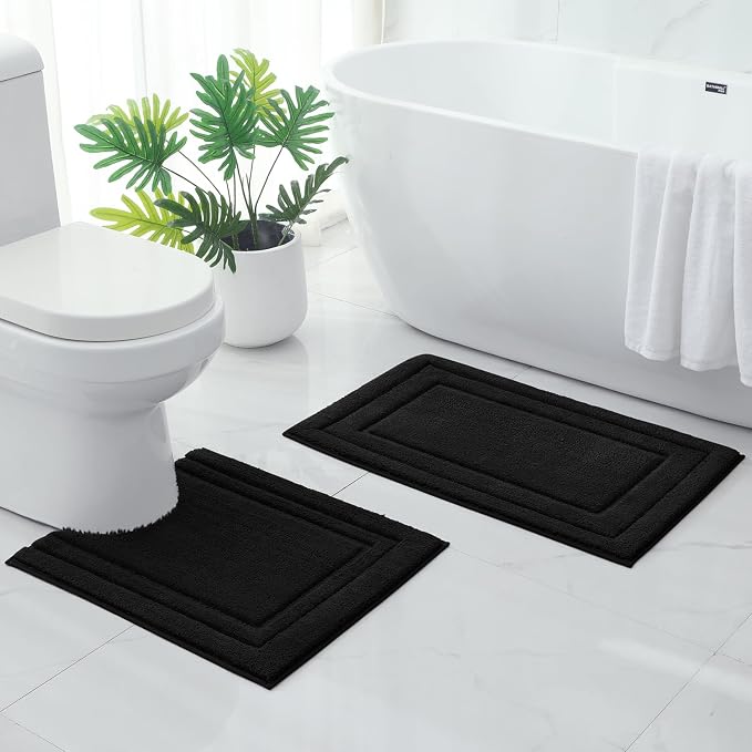 HOMEIDEAS Bathroom Rugs Sets 2 Piece, Super Soft and Absorbent Non Slip Microfiber U-Shaped Toilet Bath Mat Set (20"x32"+U20 x24, Black) | Super Soft and Absorbent Non Slip Microfiber Bath Rug,Machine Washable, for Bathroom, 20"x32"+U Shape 20"x24"