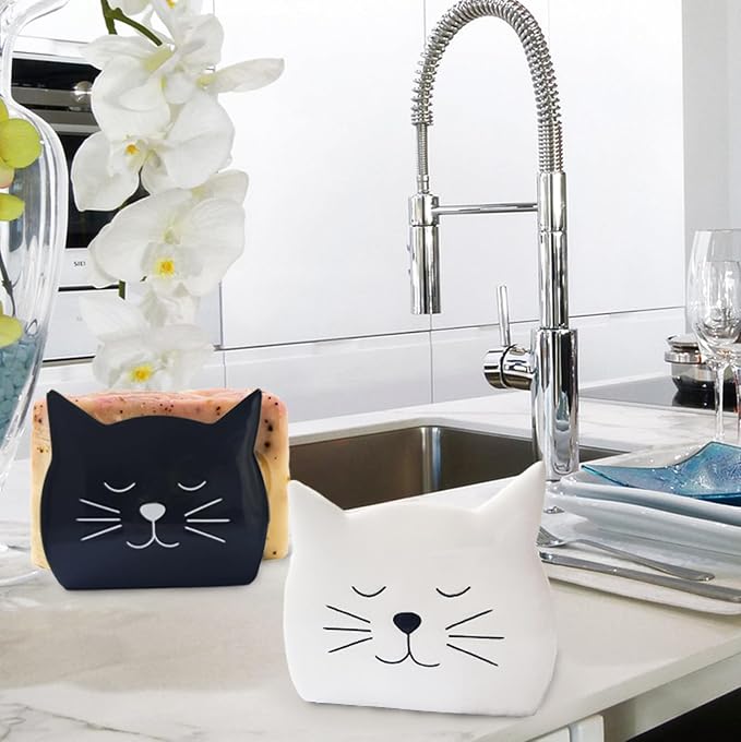 Sponge Holder for Countertop 2PCS Ceramic Sponge Caddy Cat Shape Cute Scrub Brush Dish Wand Holder for Kitchen Sink Decor Cute Kitchen Storage Accessories Ideal Gifts for Women(Black White)