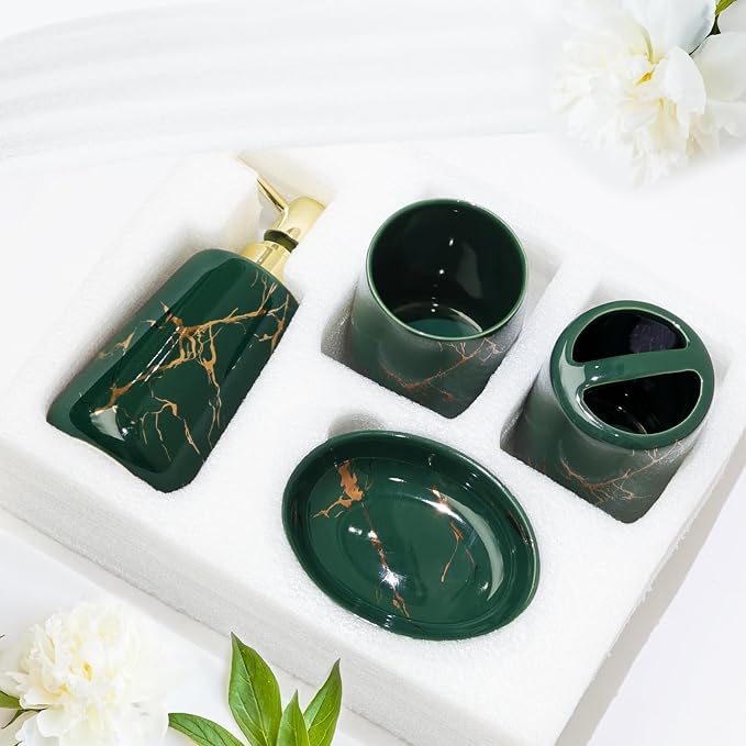 CERBIOR Bathroom Accessories Set,4 Pcs Ceramic Bathroom Accessory,Green | Includes Toothbrush Holder, Toothbrush Cup, Soap Dish for Decorative Countertop and Housewarming Gift