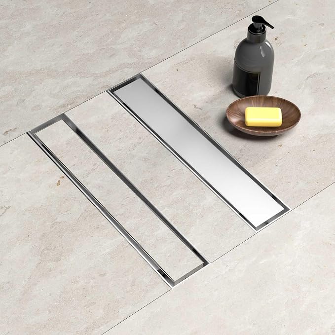 BARONAGE 12 Inch Linear Shower Drain Reversible Tile Insert, Brushed Nickel | 304 Stainless Steel Linear Drains, Rustproof, Hair Catcher, Rectangle Shower Floor Drain With Leveling Feet For Bathroom