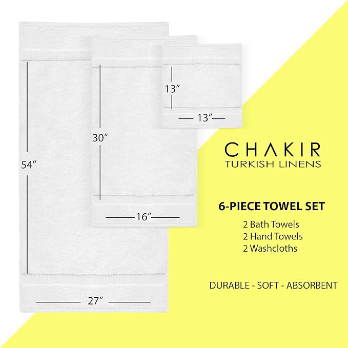 Chakir Turkish Linens Luxury Spa and Hotel Quality Premium Turkish Cotton 6-Piece Towel Set (2 x Bath Towels, 2 x Hand Towels, 2 x Washcloths) | 100% cotton 6-pc set, OEKO-TEX certified: 2 bath 27x54, 2 hand 16x30, 2 washcloths 13x13
