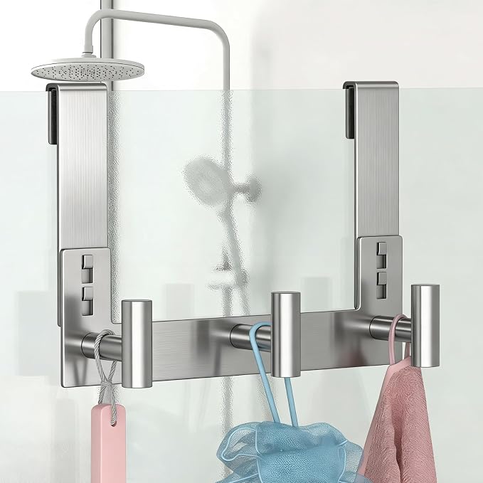 PMMASTO No-Drill Extra Long Shower Hooks, Fits 3/8" Thick Door, Heavy Duty Stainless Steel Towel Hooks for Frameless Glass Shower Door, Holds Bathrobe Towel (Silver, 3 T-Hooks)